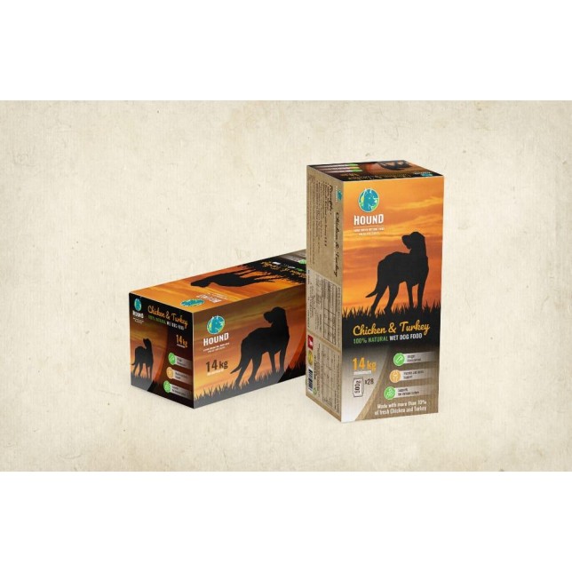 האונד - אוכל טבעי לכלבים עוף והודו 42 ק"ג ( 3 מארזים )